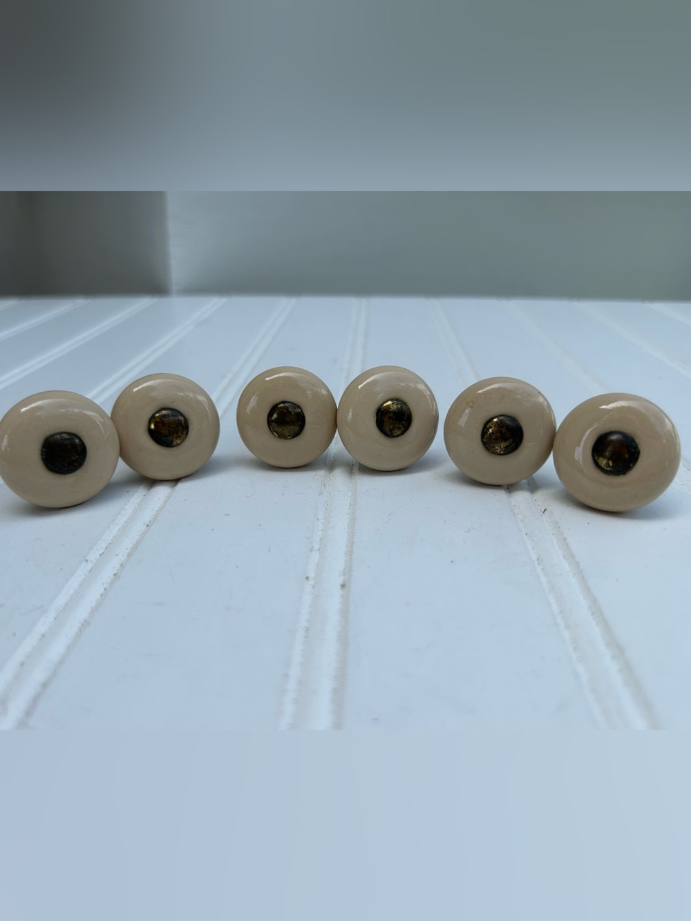 Vintage Knobs Cream Ceramic Drawer Brass Center Cottagecore Lot of Six - Picture 2 of 5